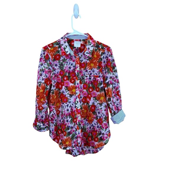 HD‎ IN PARIS Anthropologie Floral Print Striped Insert Button Shirt Womens sz 8 - Picture 1 of 5
